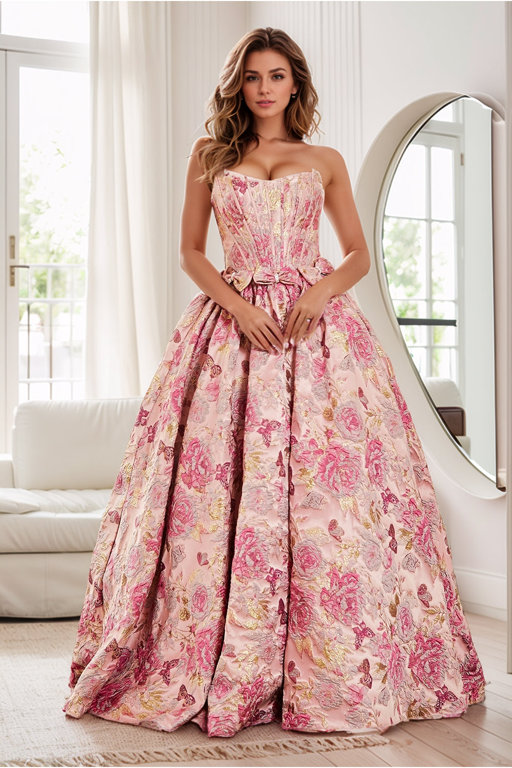 Strapless Floral Prom Dresses for Women Long A Line Cowl Neck Formal Gown with Bow