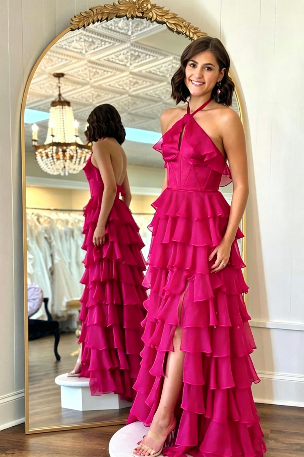 Sexy Long Prom Dresses for Women Halter Chiffom Tiered Ruffle Dresses