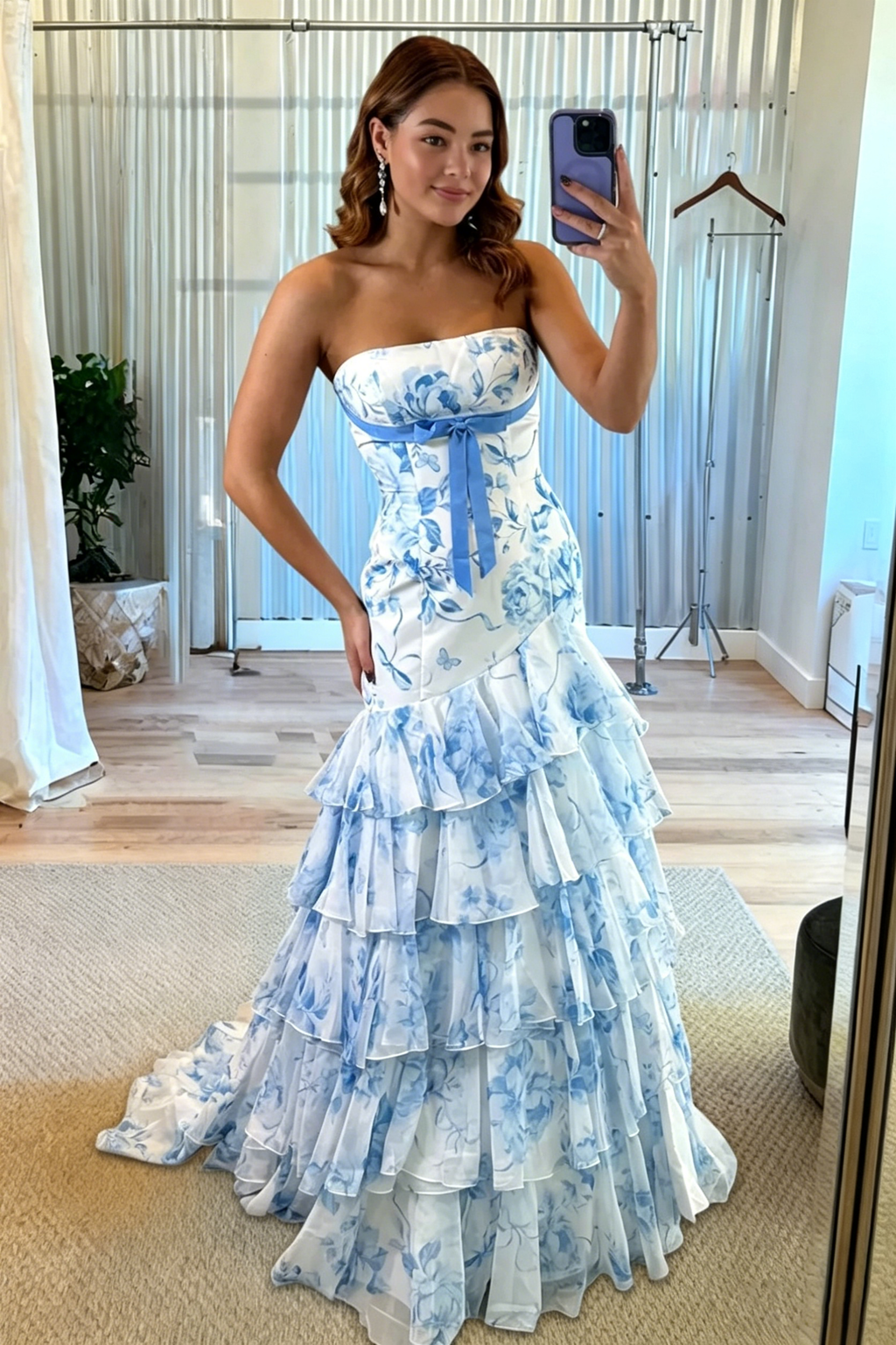 Long Prom Dresses for Women Strapless Chiffom Tiered Ruffle Dresses