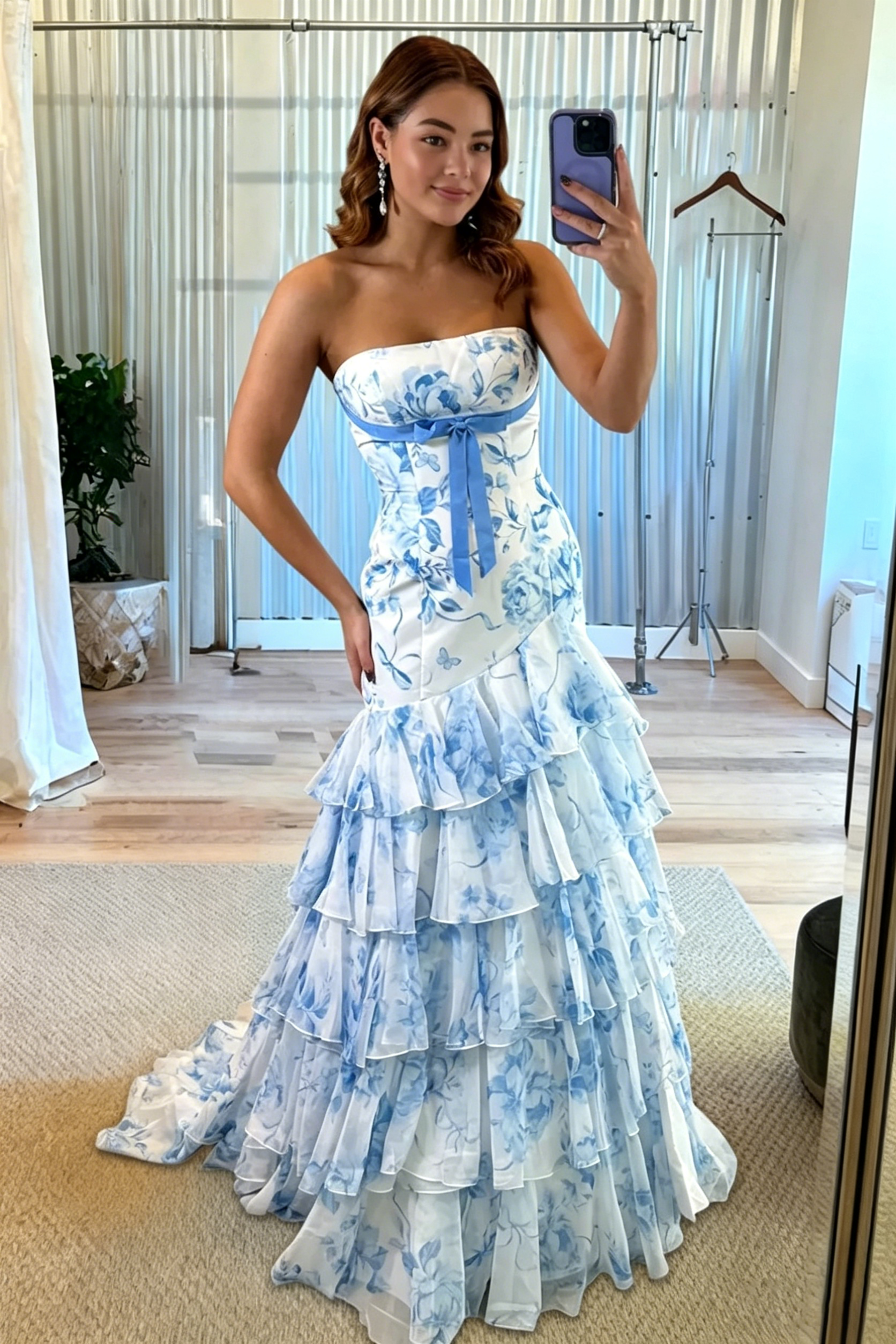 Long Prom Dresses for Women Strapless Chiffom Tiered Ruffle Dresses