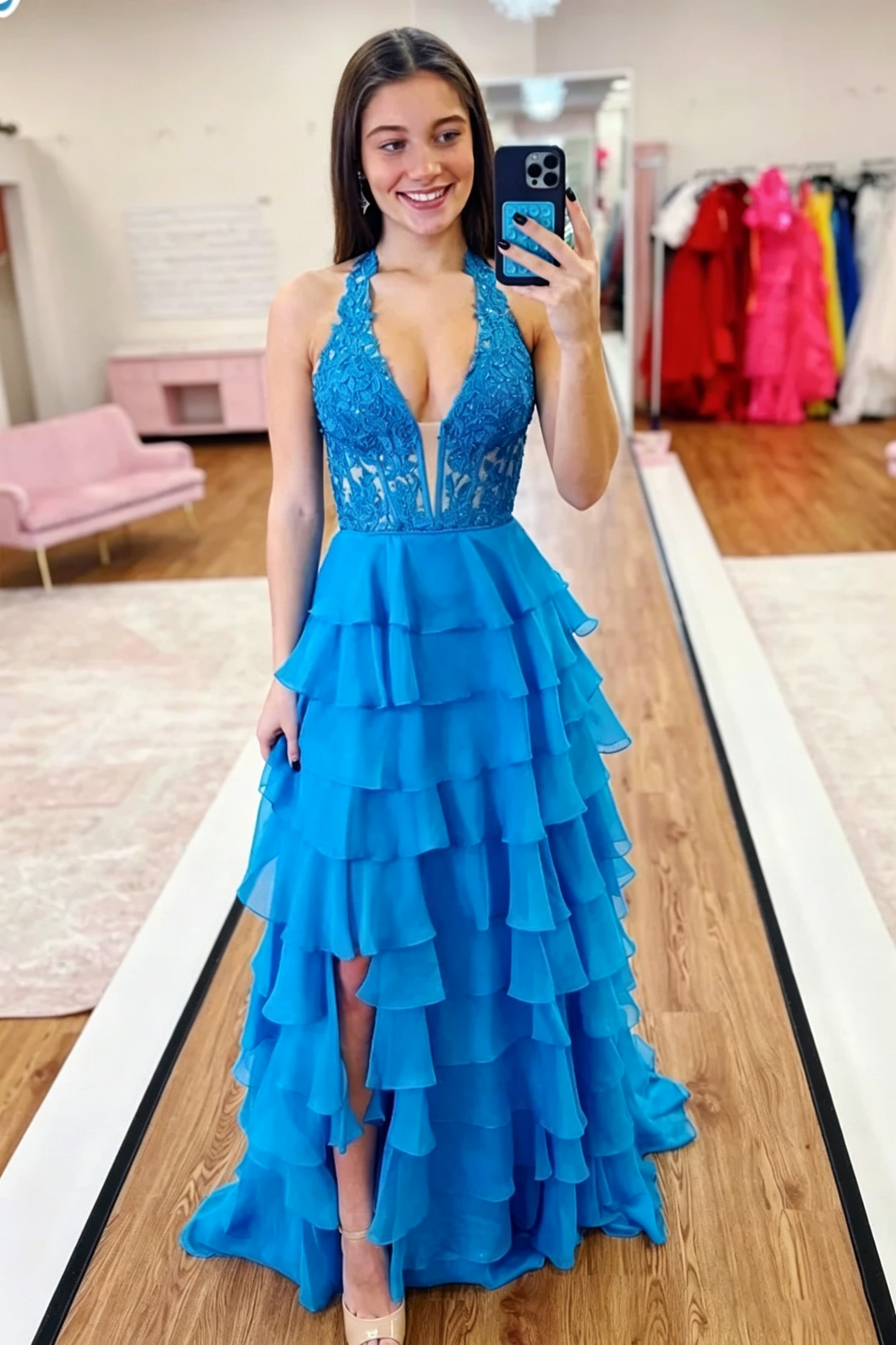 Chiffon Sexy Long Prom Dresses for Women Halter Tiered Ruffle Wedding Guest Dresses