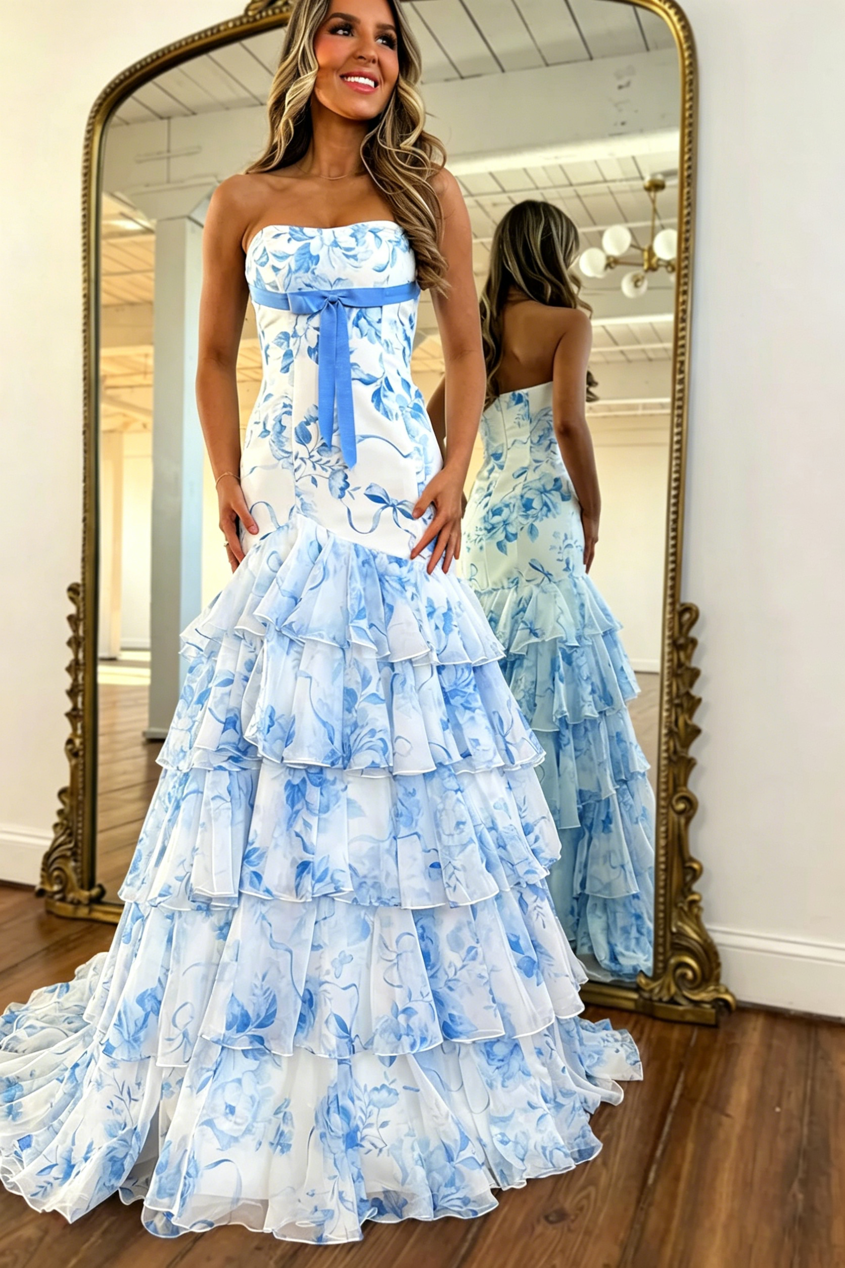 Long Prom Dresses for Women Strapless Chiffom Tiered Ruffle Dresses