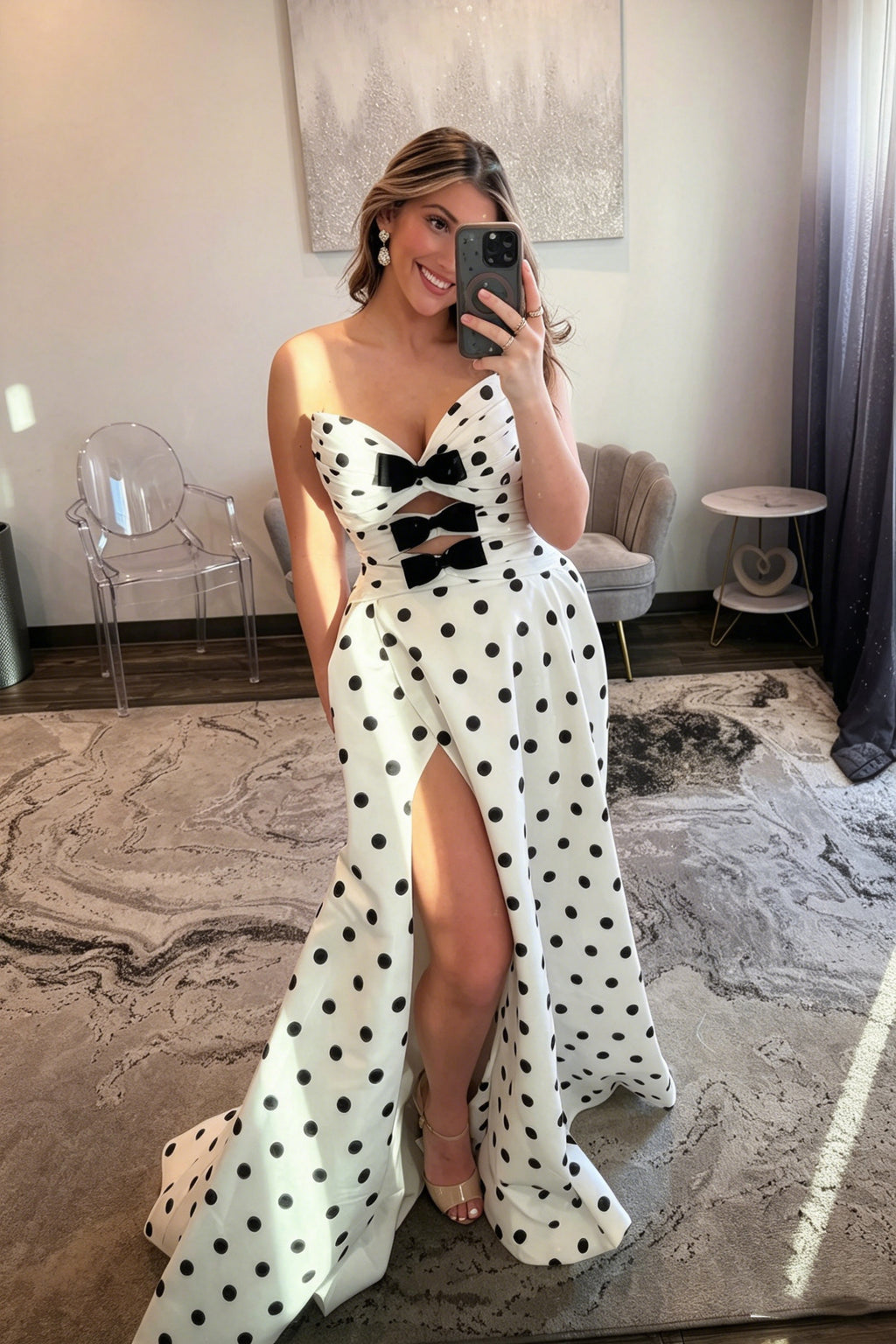 Polka Dot Prom Dresses for Women Strapless Satin Mermaid Dress with  Bow V Neck Lace Up Back