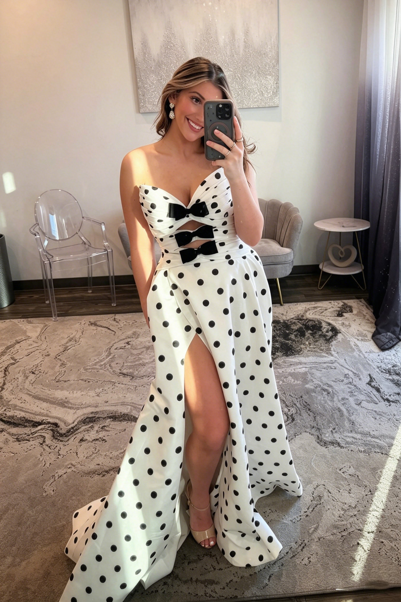 Polka Dot Prom Dresses for Women Strapless Satin Mermaid Dress with  Bow V Neck Lace Up Back