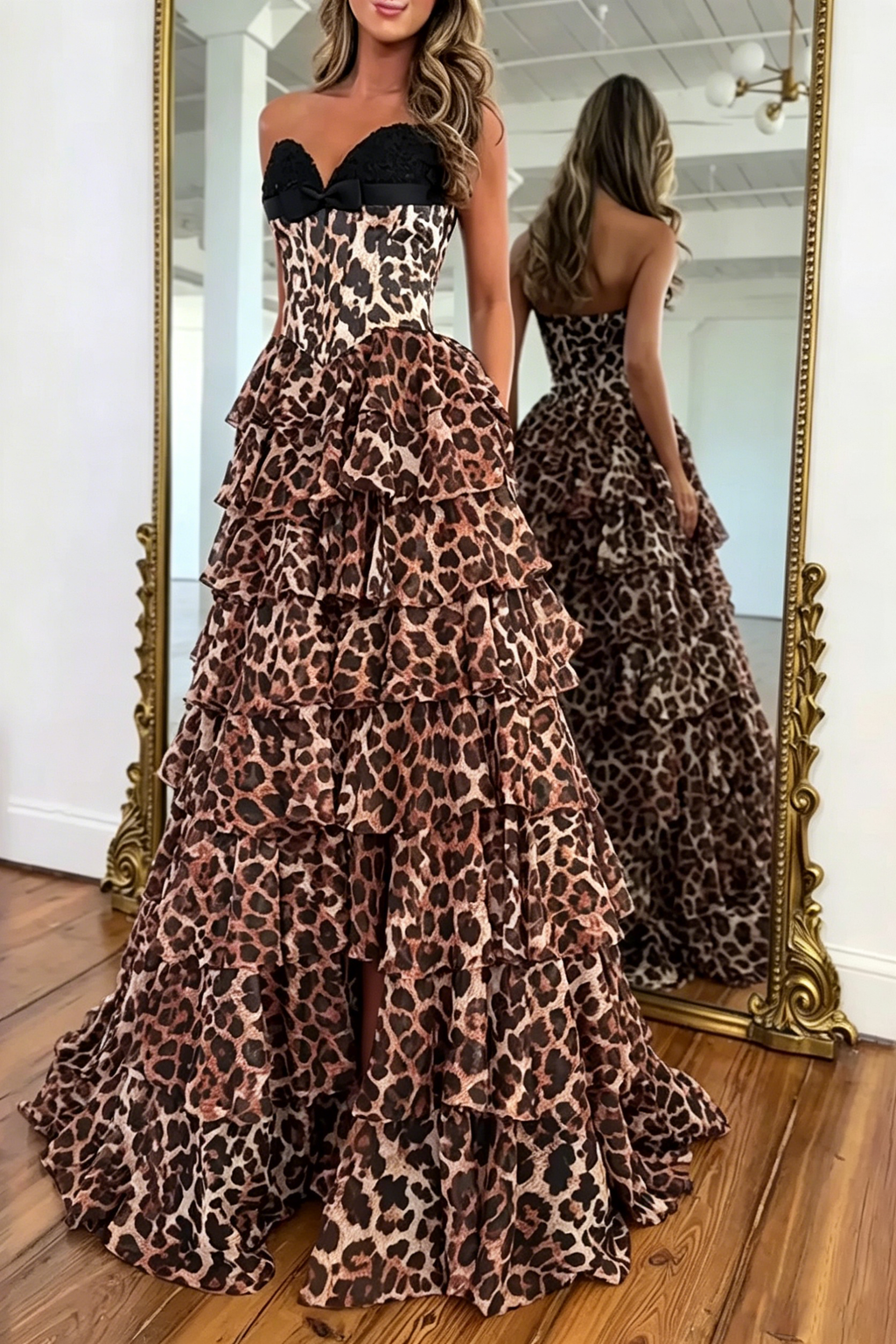 Strapless Leopard Sweetheart A Line Chiffon Ruffled Long Prom Dresses With Appliques