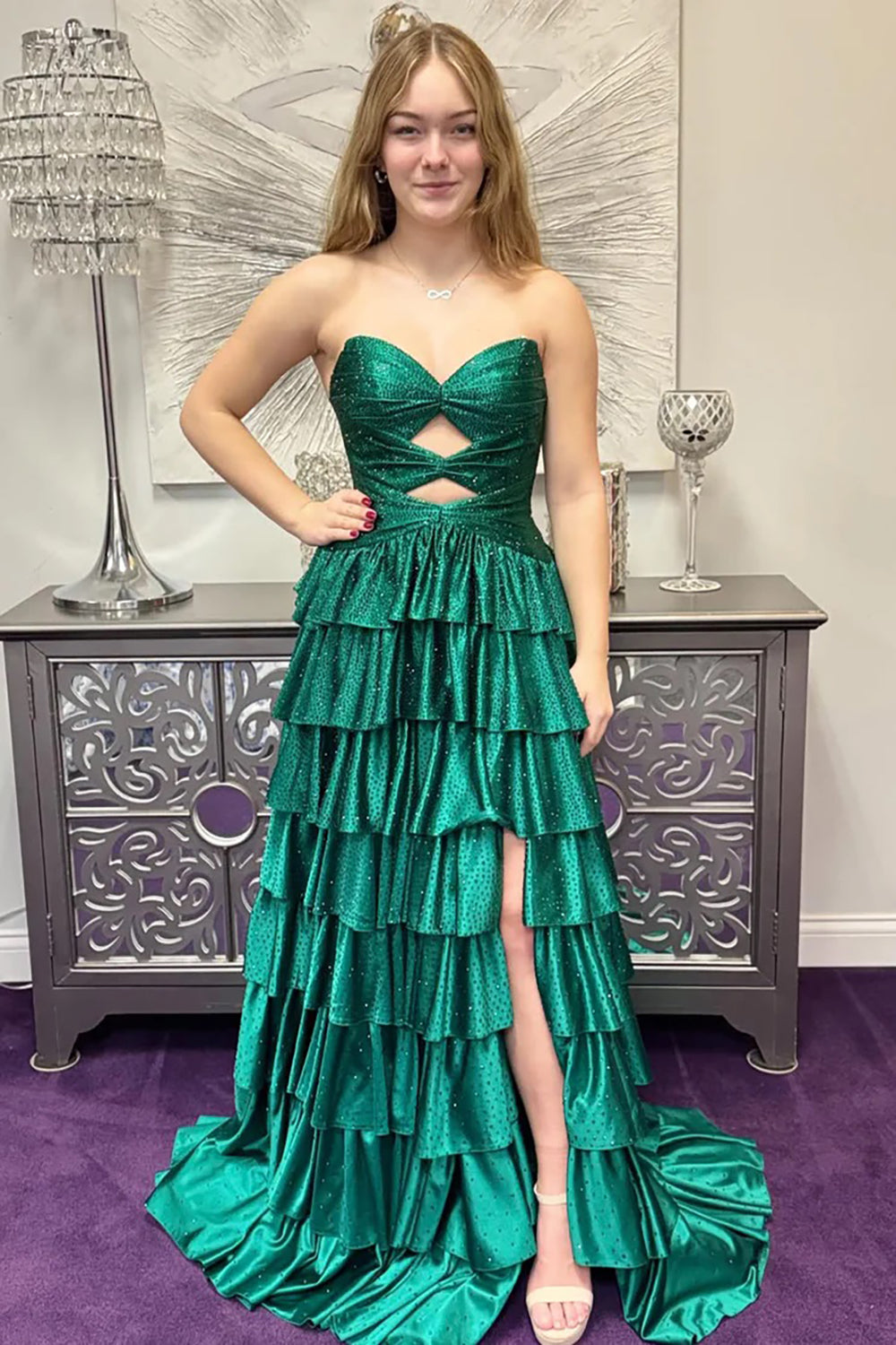 Sparkly Long Prom Dresses for Women Sweetheart Tiered Ruffle Wedding Guest Dresses Lace Up