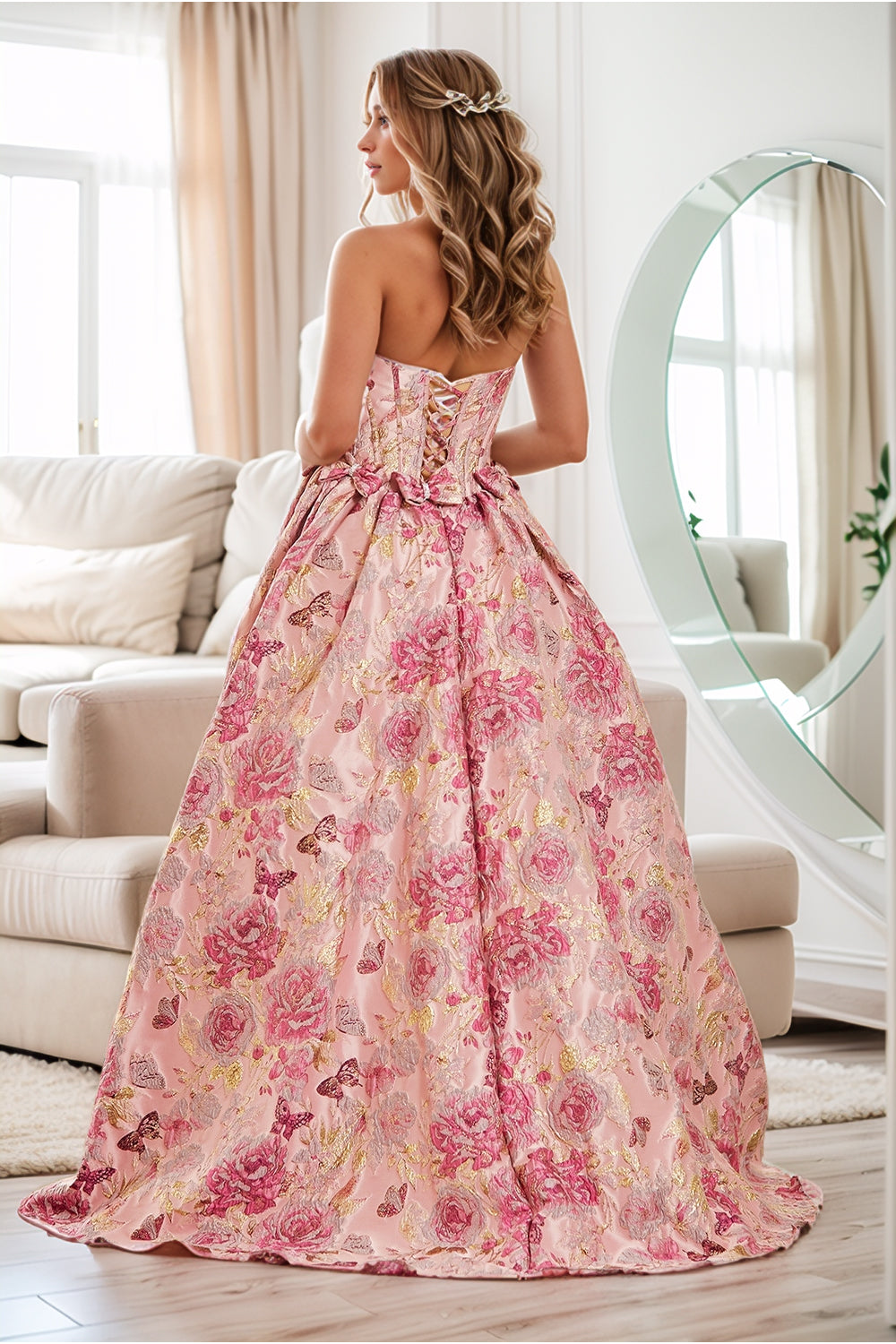 Strapless Floral Prom Dresses for Women Long A Line Cowl Neck Formal Gown with Bow