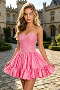 Satin Mini Homecoming Dress Strapless All Over Pearl Beading Corset Bodice Ruffled Hem Short A Line Evening Gown 116