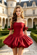 Strapless Off Shoulder Bow Satin Corset Homecoming Dress for Women, Puffy Bubble Short Mini Cocktail Dress 205