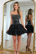 Strapless Sequin Corset Homecoming Dress for Women, Satin Bow Tiered Ruffle Chiffon Short Mini Party Dress 207