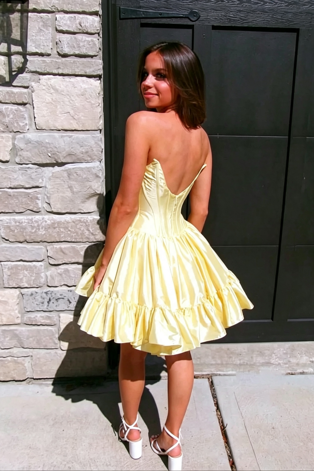 Strapless Sweetheart Satin Corset Homecoming Dress for Women, Ruffle Hem A‑Line Short Mini Cocktail Party Dress 210