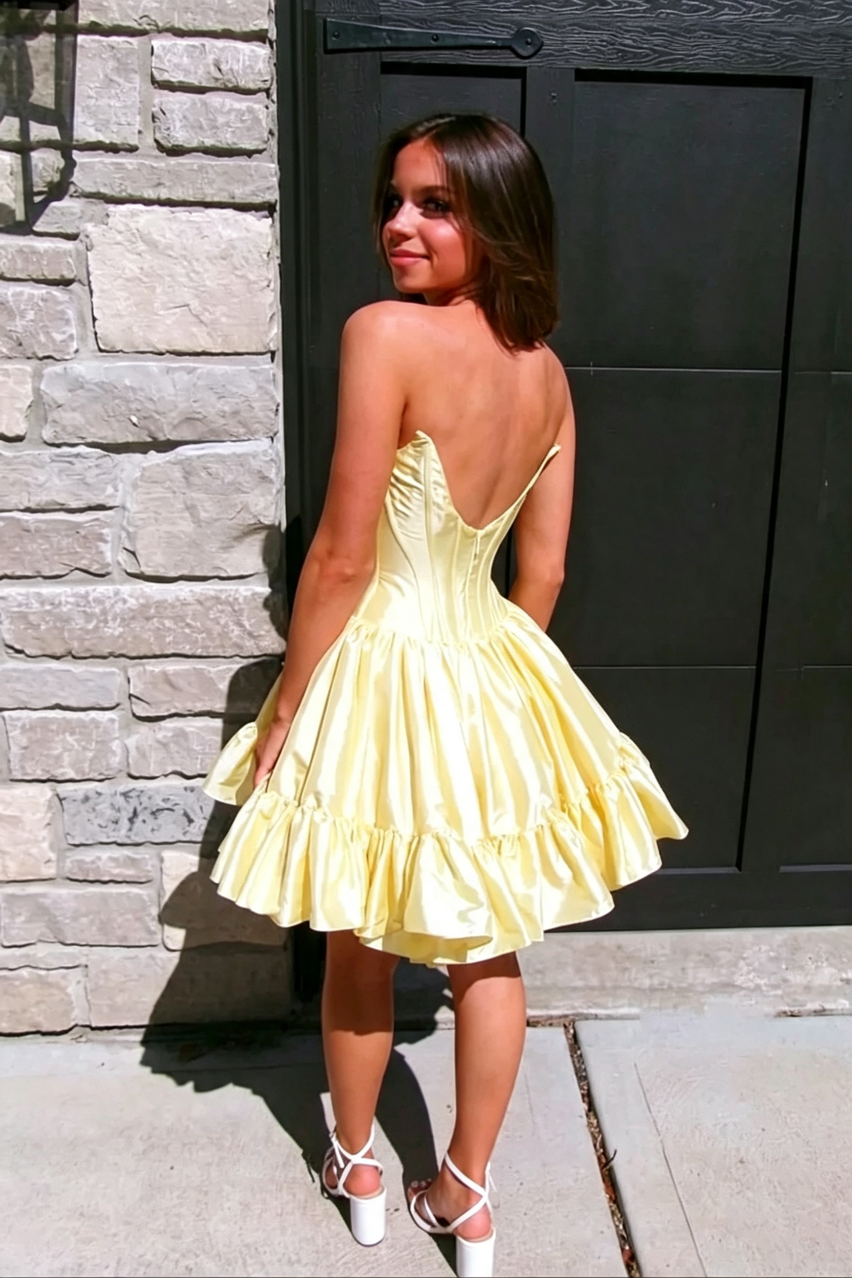 Strapless Sweetheart Satin Corset Homecoming Dress for Women, Ruffle Hem A‑Line Short Mini Cocktail Party Dress 210