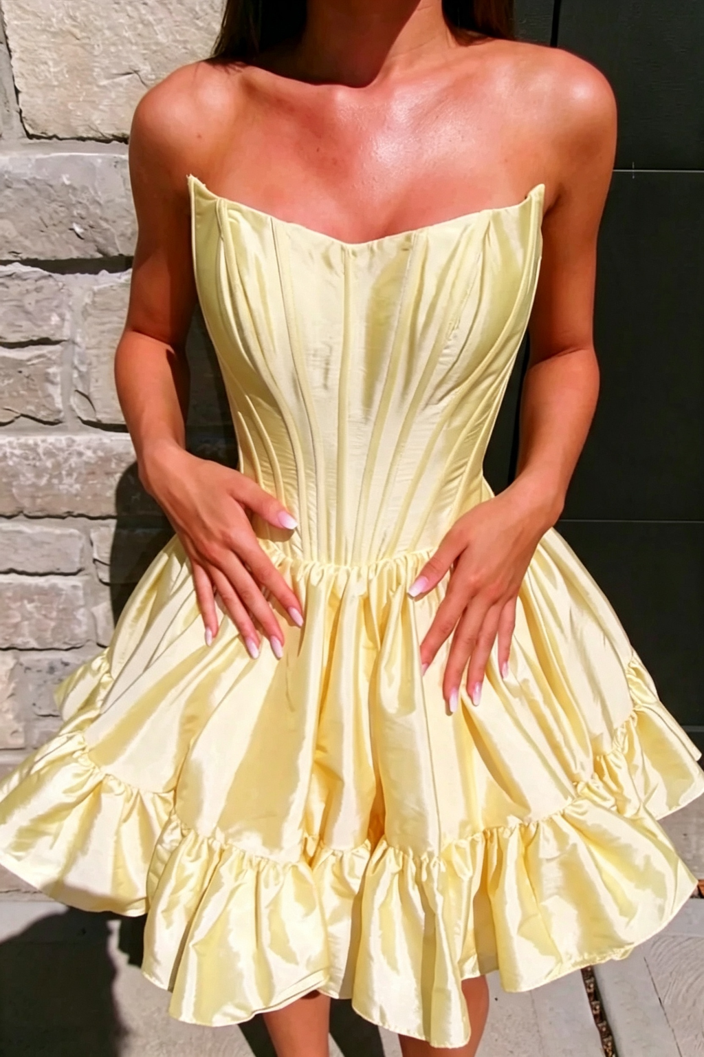 Strapless Sweetheart Satin Corset Homecoming Dress for Women, Ruffle Hem A‑Line Short Mini Cocktail Party Dress 210
