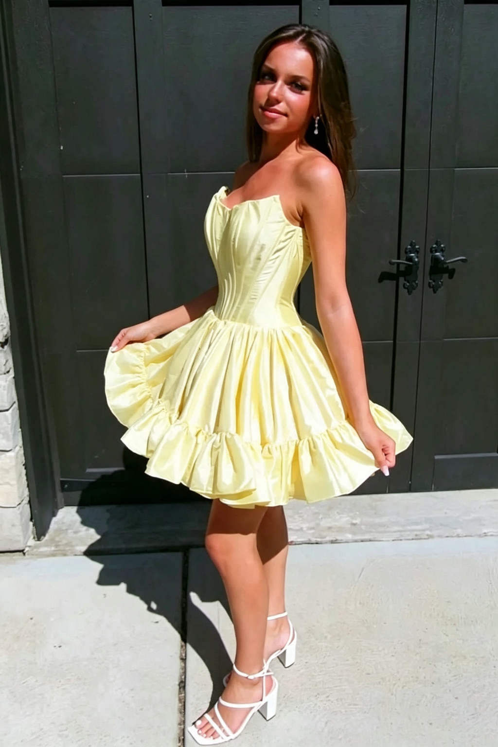 Strapless Sweetheart Satin Corset Homecoming Dress for Women, Ruffle Hem A‑Line Short Mini Cocktail Party Dress 210