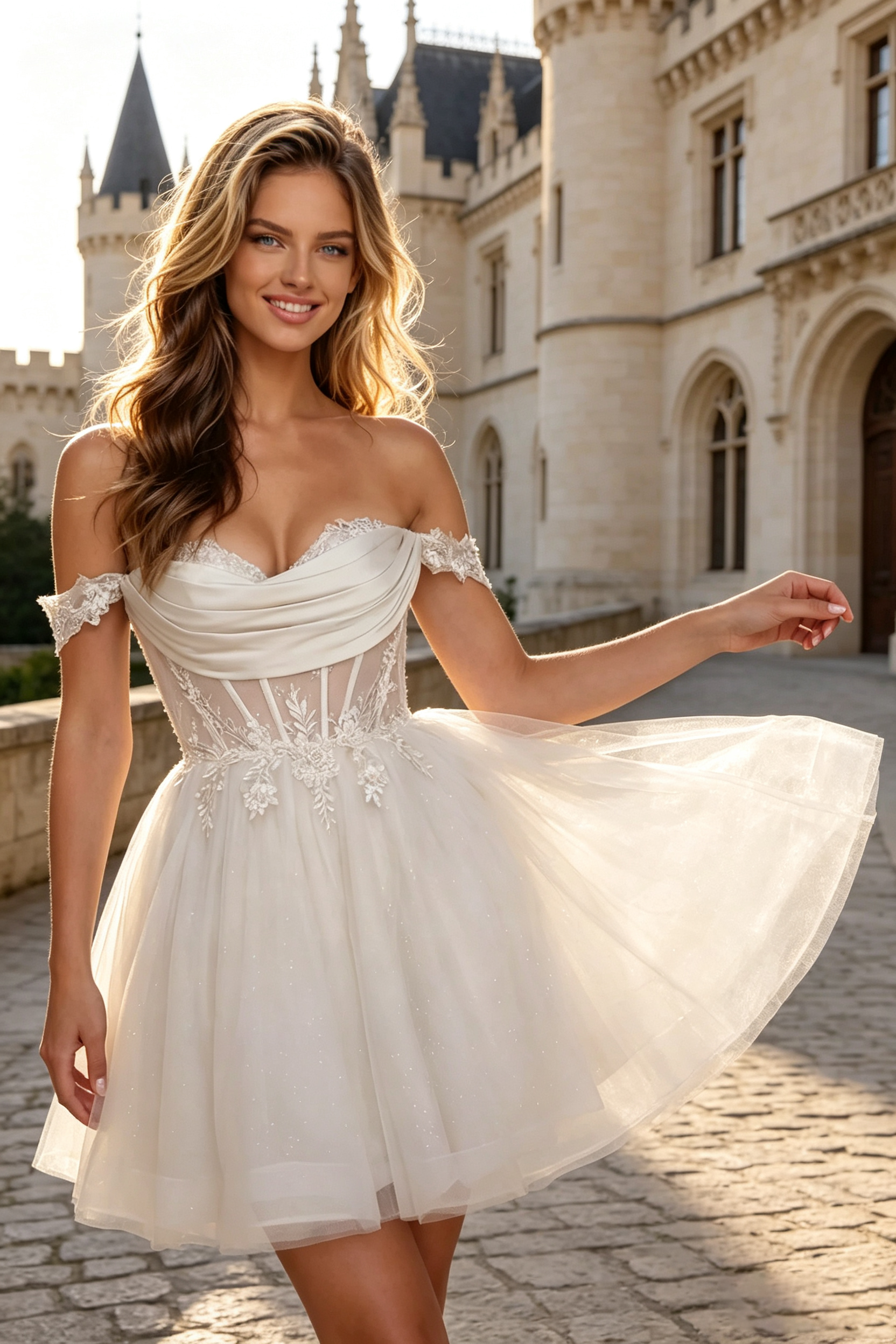 Off‑The‑Shoulder Homecoming Dresses for Women, Satin Draped Corset Lace Appliques Glitter Tulle A‑Line Short Cocktail Dress 224