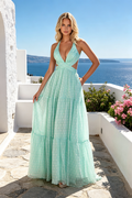 Halter V-Neck Polka Dot Maxi Dress, Cutout Tiered Chiffon Long Wedding Guest Gown for Women 268