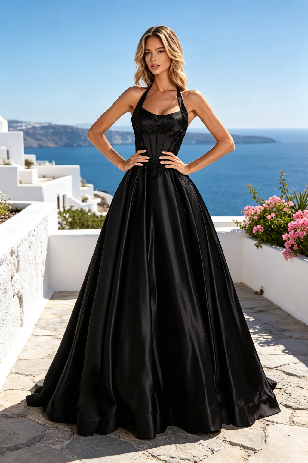 Halter Satin Corset Prom Dress, A-Line Lace Appliqué Long Formal Evening Gown for Women 270