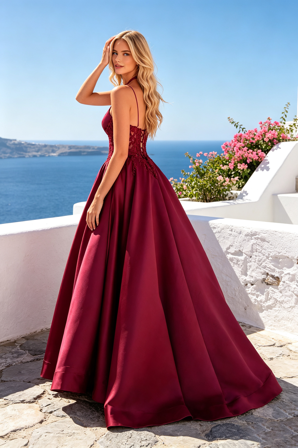 Halter Satin Corset Prom Dress, A-Line Lace Appliqué Long Formal Evening Gown for Women 270