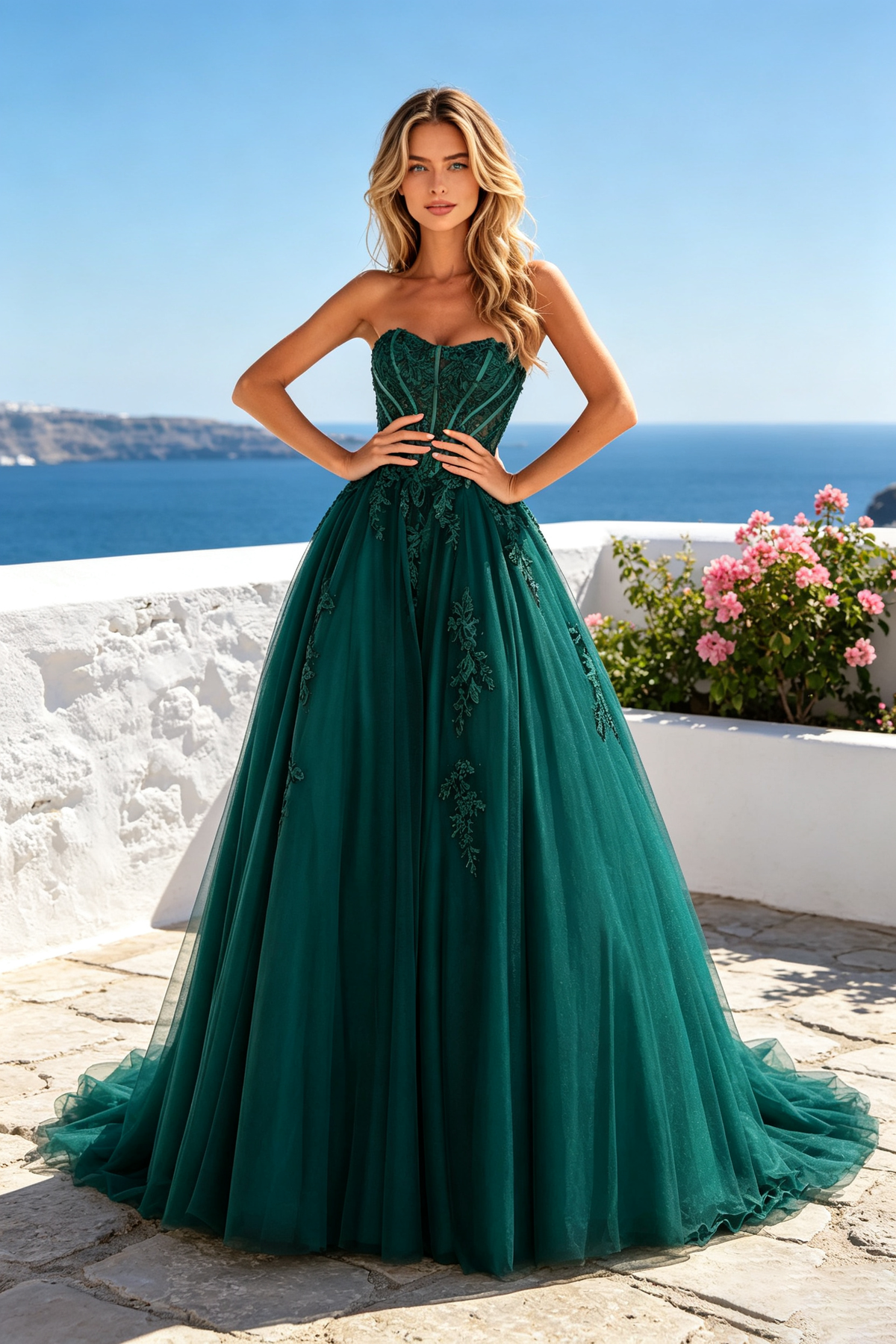 Strapless Corset Prom Dress, Lace Appliqué Tulle Ball Gown with Sweep Train 272