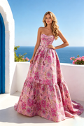 Pink Floral Jacquard Ball Gown, Strapless Sweetheart Prom Dress with Ruffled Tiered Skirt for Formal Party 280