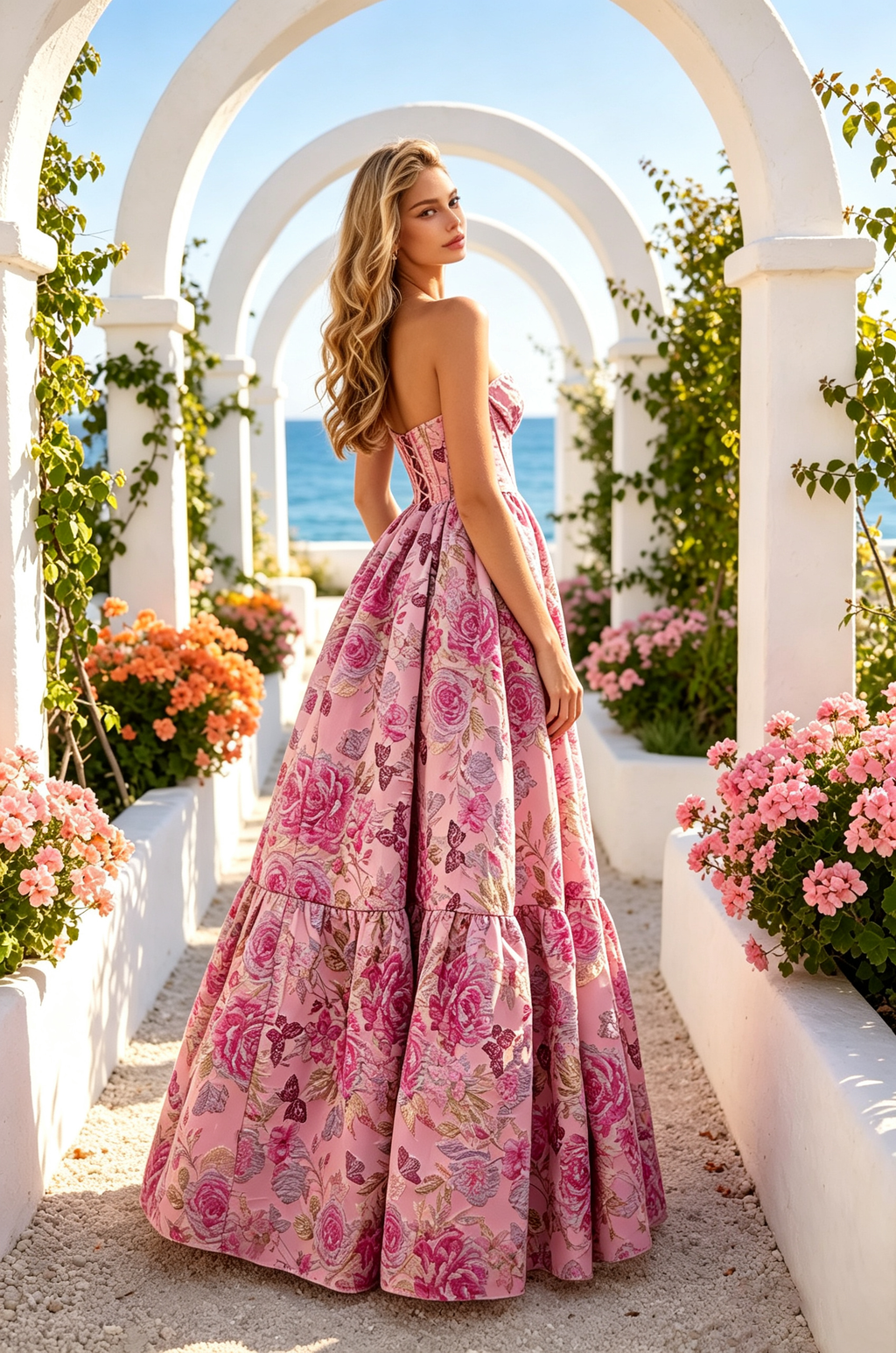 Pink Floral Jacquard Ball Gown, Strapless Sweetheart Prom Dress with Ruffled Tiered Skirt for Formal Party 280