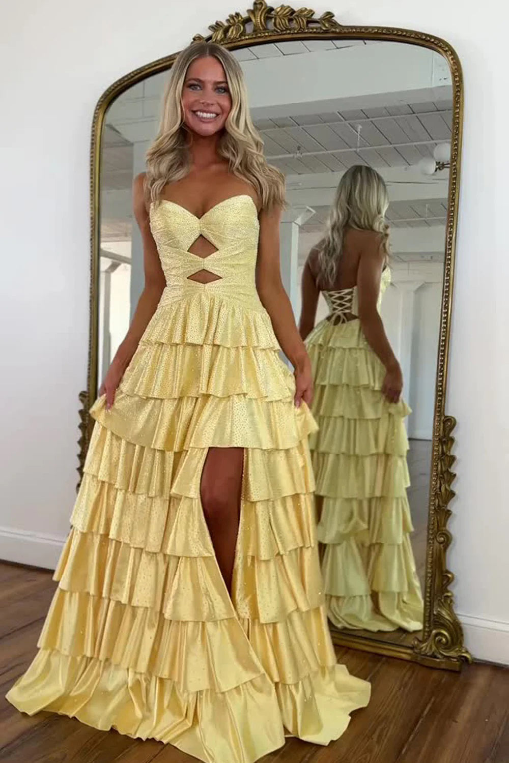 Sparkly Long Prom Dresses for Women Sweetheart Tiered Ruffle Wedding Guest Dresses Lace Up
