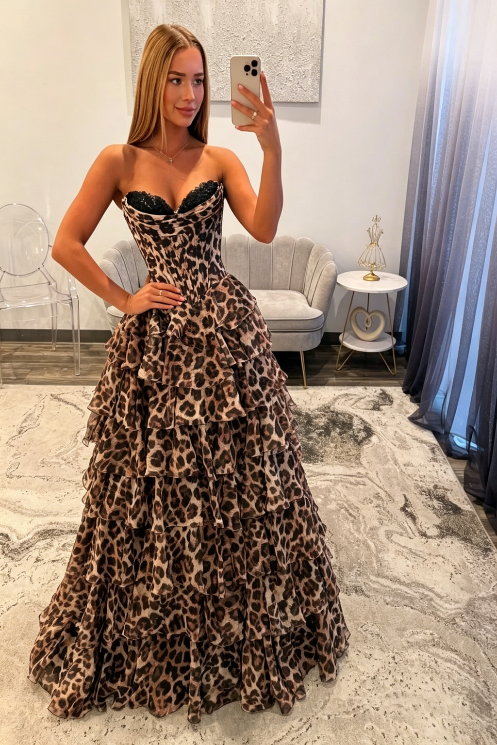 Strapless Leopard Sweetheart A Line Chiffon Ruffled Long Prom Dresses With Appliques