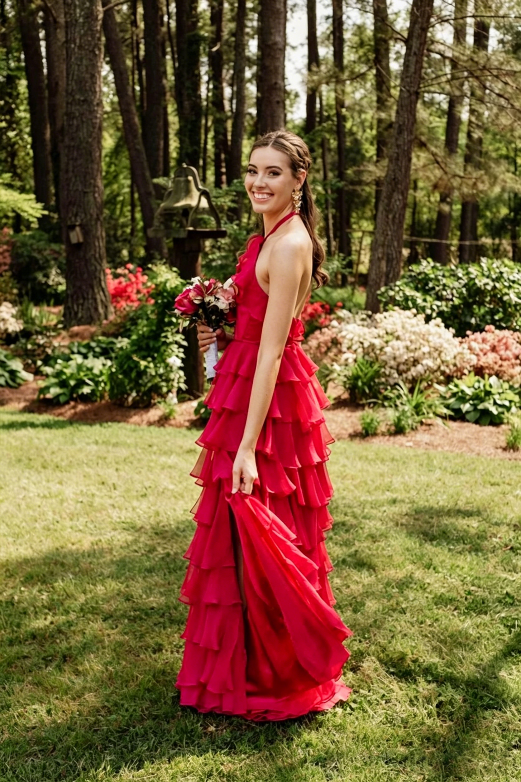Sexy Long Prom Dresses for Women Halter Chiffom Tiered Ruffle Dresses