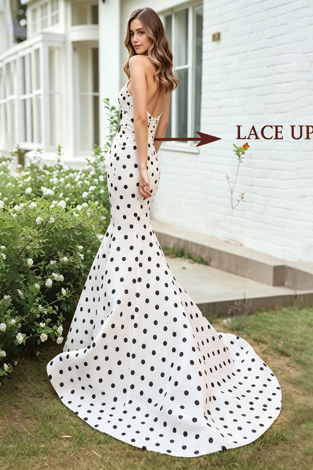 Polka Dot Prom Dresses for Women Strapless Satin Mermaid Dress with  Bow V Neck Lace Up Back