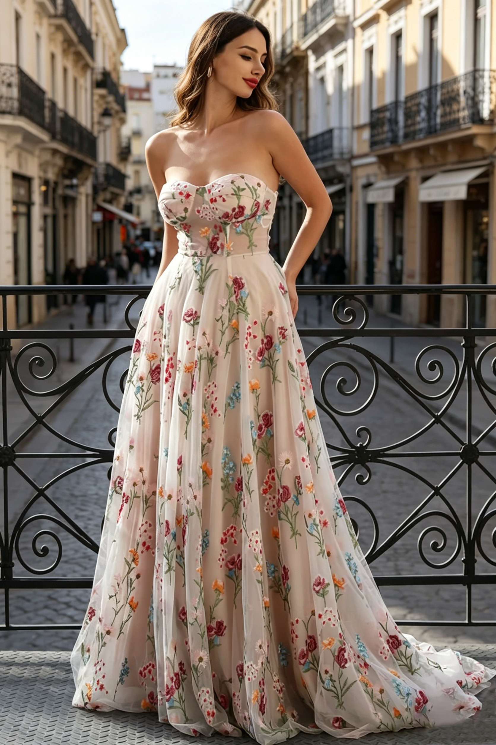 Flower Long Prom Dresses for Women Sweetheart Wedding Guest Dresses Lace Up