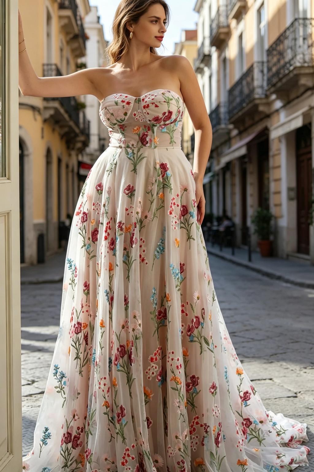 Flower Long Prom Dresses for Women Sweetheart Wedding Guest Dresses Lace Up