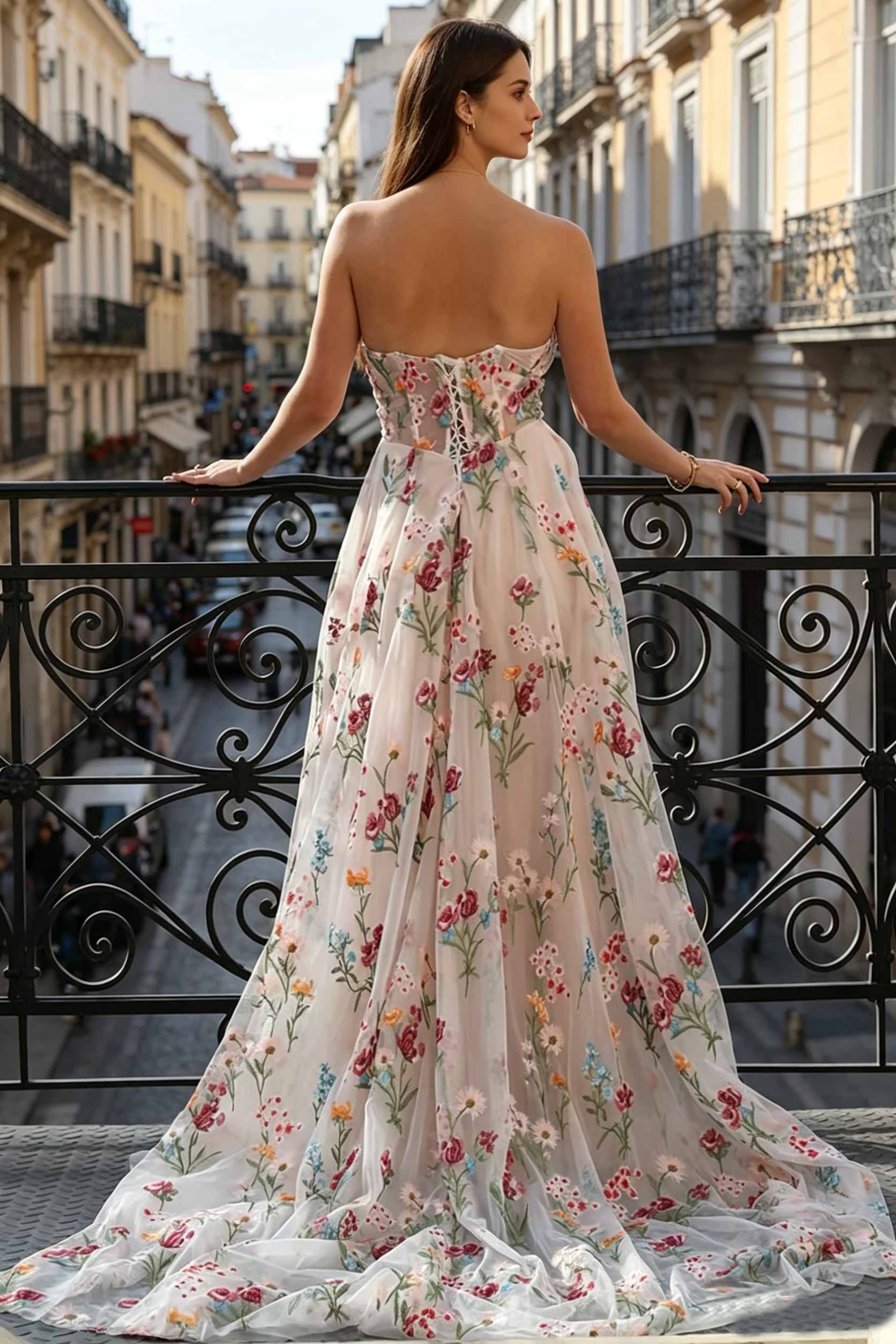 Flower Long Prom Dresses for Women Sweetheart Wedding Guest Dresses Lace Up