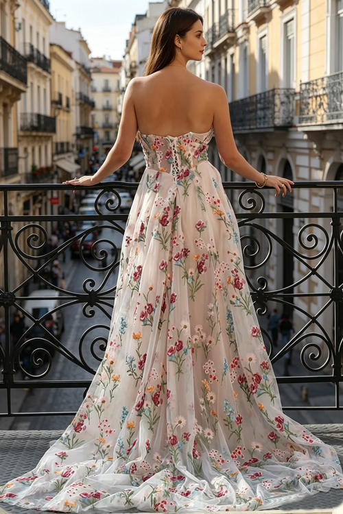 Flower Long Prom Dresses for Women Sweetheart Wedding Guest Dresses Lace Up
