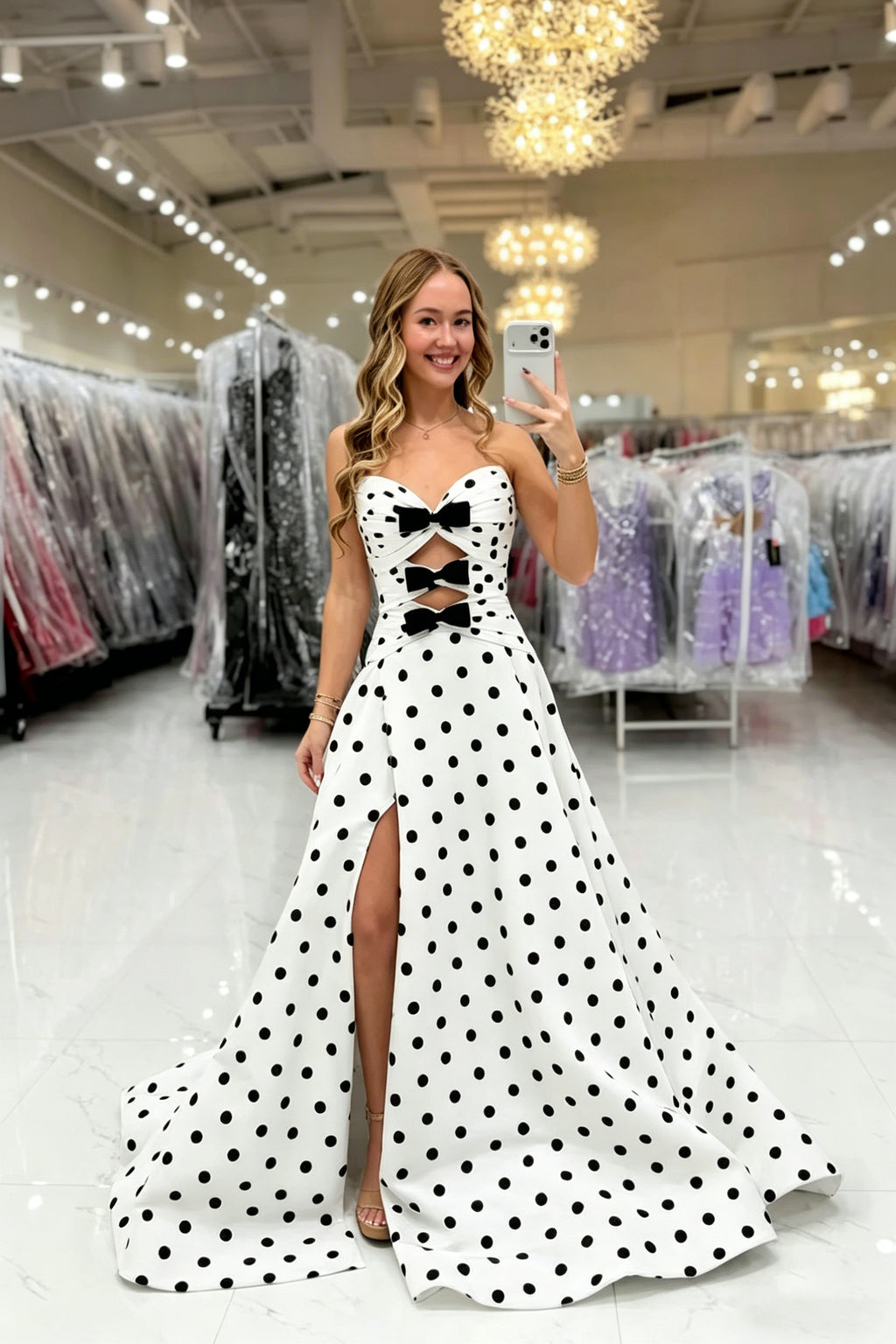 Polka Dot Prom Dresses for Women Strapless Satin Mermaid Dress with  Bow V Neck Lace Up Back