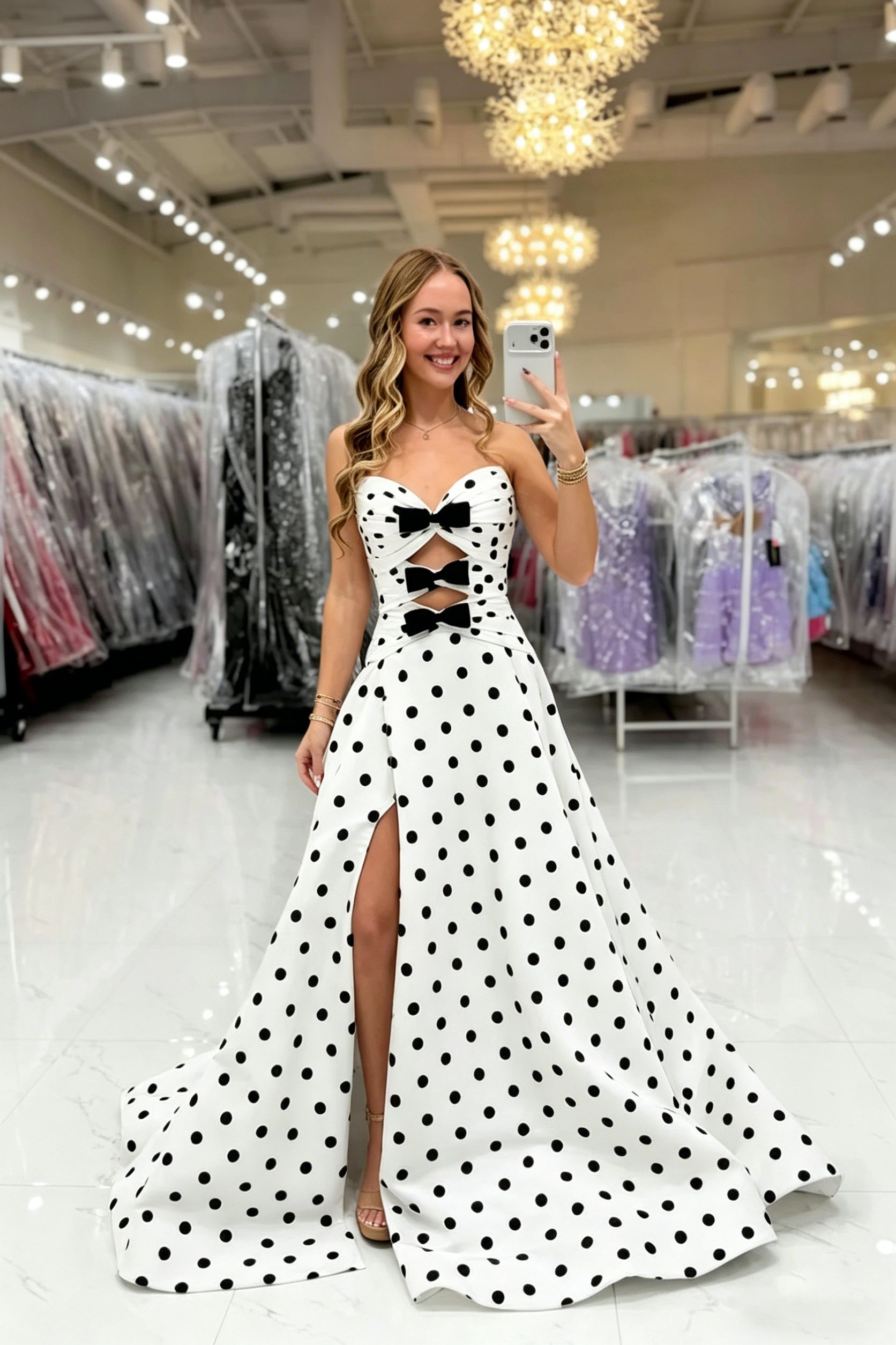 Polka Dot Prom Dresses for Women Strapless Satin Mermaid Dress with  Bow V Neck Lace Up Back