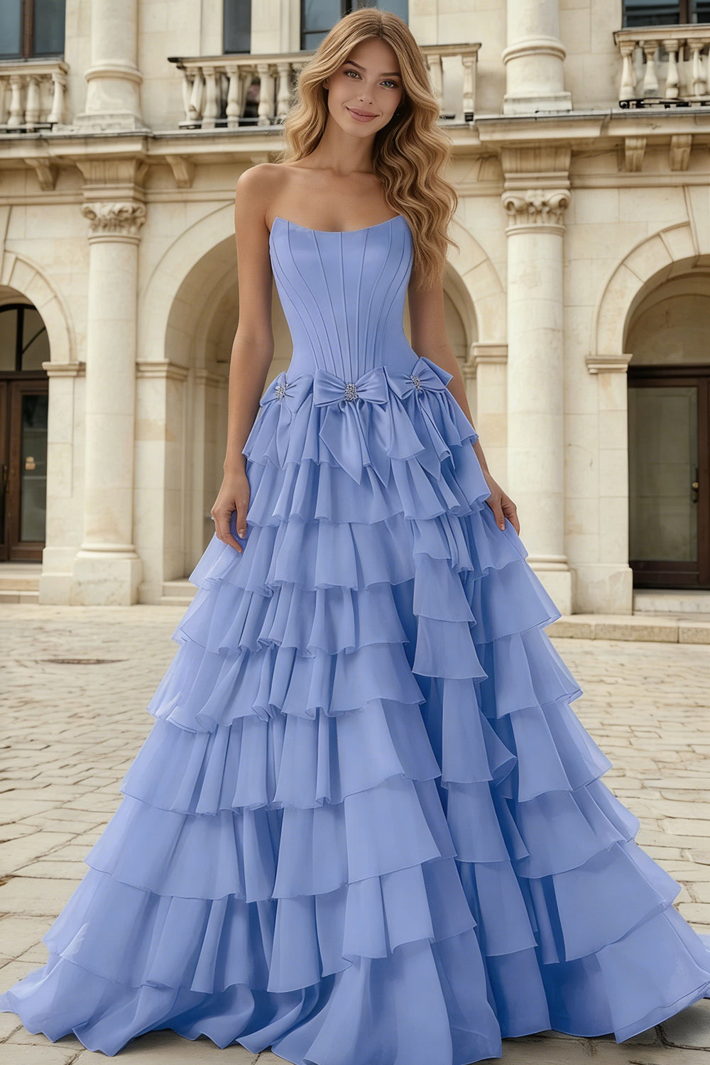 Strapless Tiered Ruffle Ball Gown Prom Dress for Women Lace Up