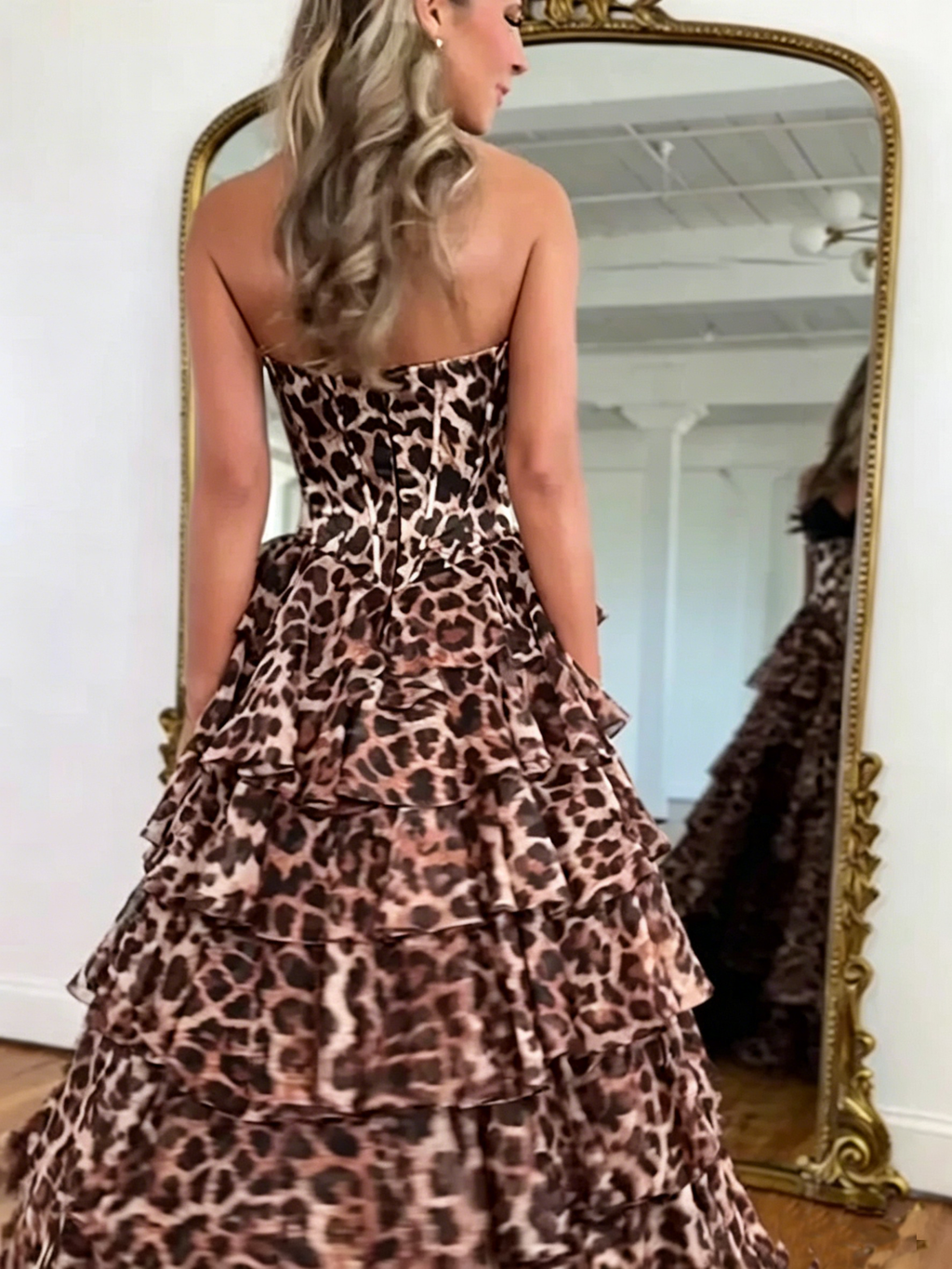 Strapless Leopard Sweetheart A Line Chiffon Ruffled Long Prom Dresses With Appliques