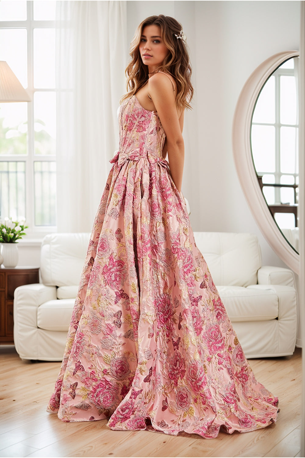 Strapless Floral Prom Dresses for Women Long A Line Cowl Neck Formal Gown with Bow