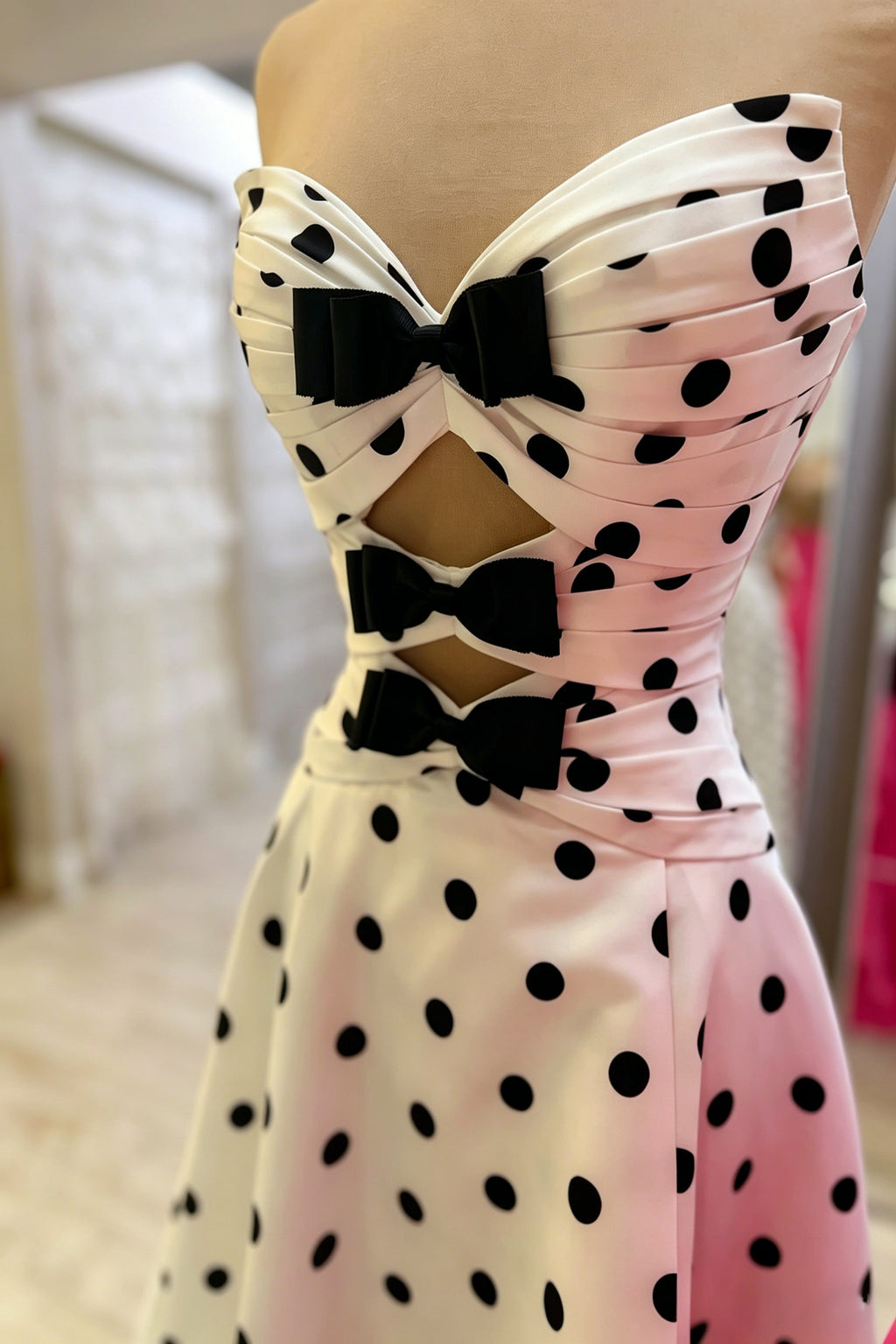 Polka Dot Prom Dresses for Women Strapless Satin Mermaid Dress with  Bow V Neck Lace Up Back