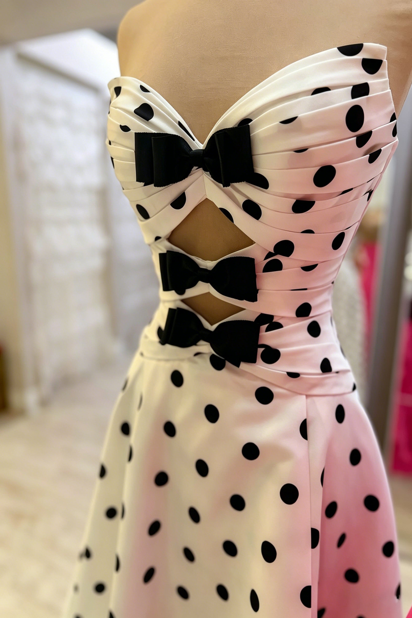 Polka Dot Prom Dresses for Women Strapless Satin Mermaid Dress with  Bow V Neck Lace Up Back