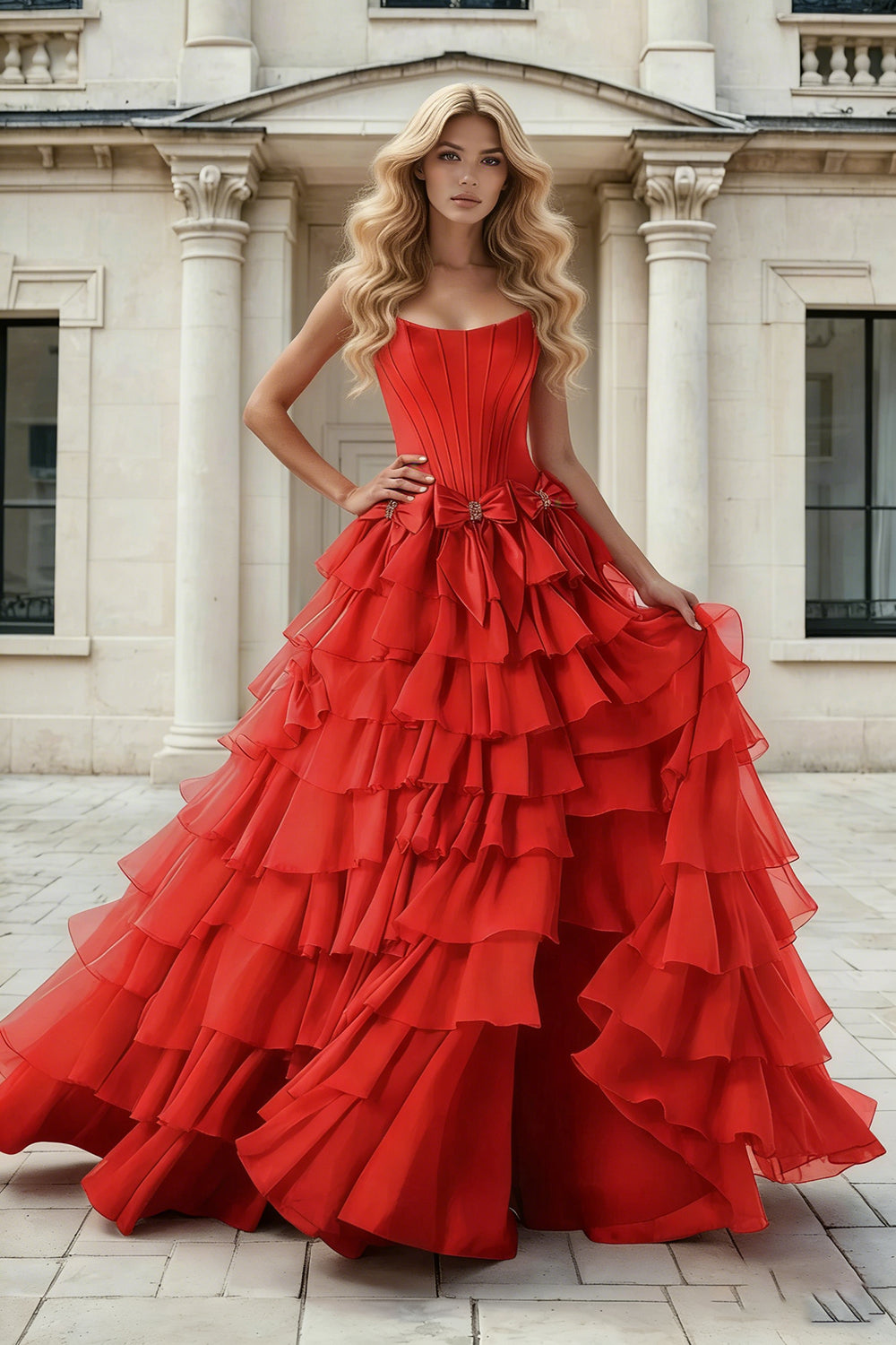 Strapless Tiered Ruffle Ball Gown Prom Dress for Women Lace Up