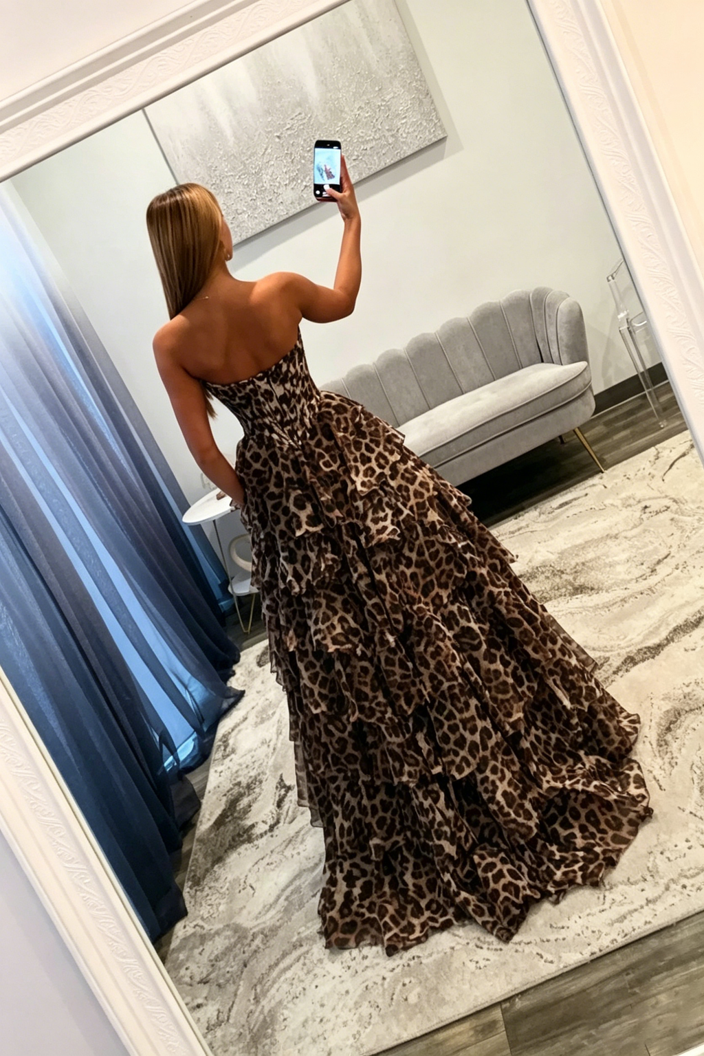 Strapless Leopard Sweetheart A Line Chiffon Ruffled Long Prom Dresses With Appliques