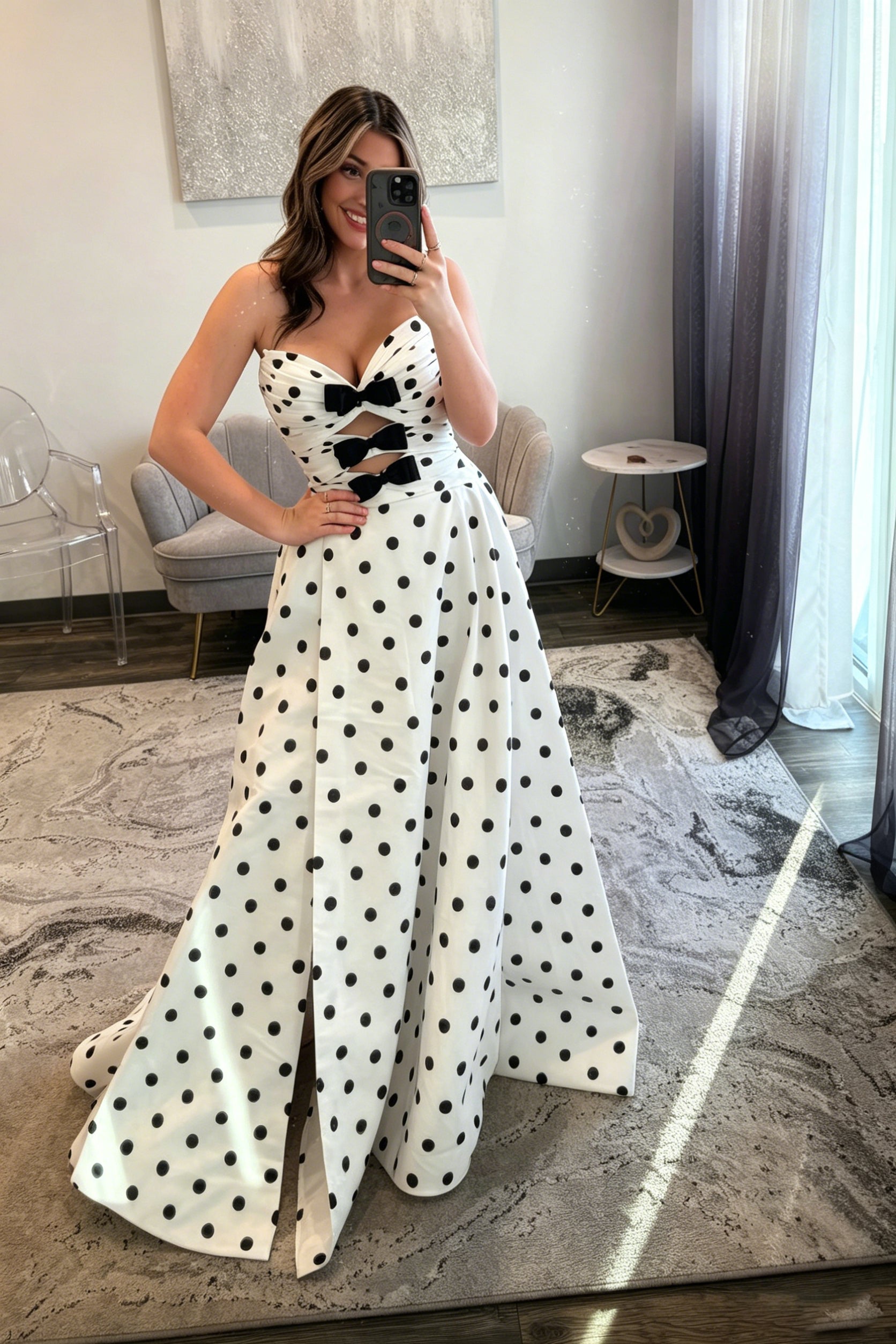 Polka Dot Prom Dresses for Women Strapless Satin Mermaid Dress with  Bow V Neck Lace Up Back