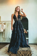 Chiffon Sexy Long Prom Dresses for Women Halter Tiered Ruffle Wedding Guest Dresses