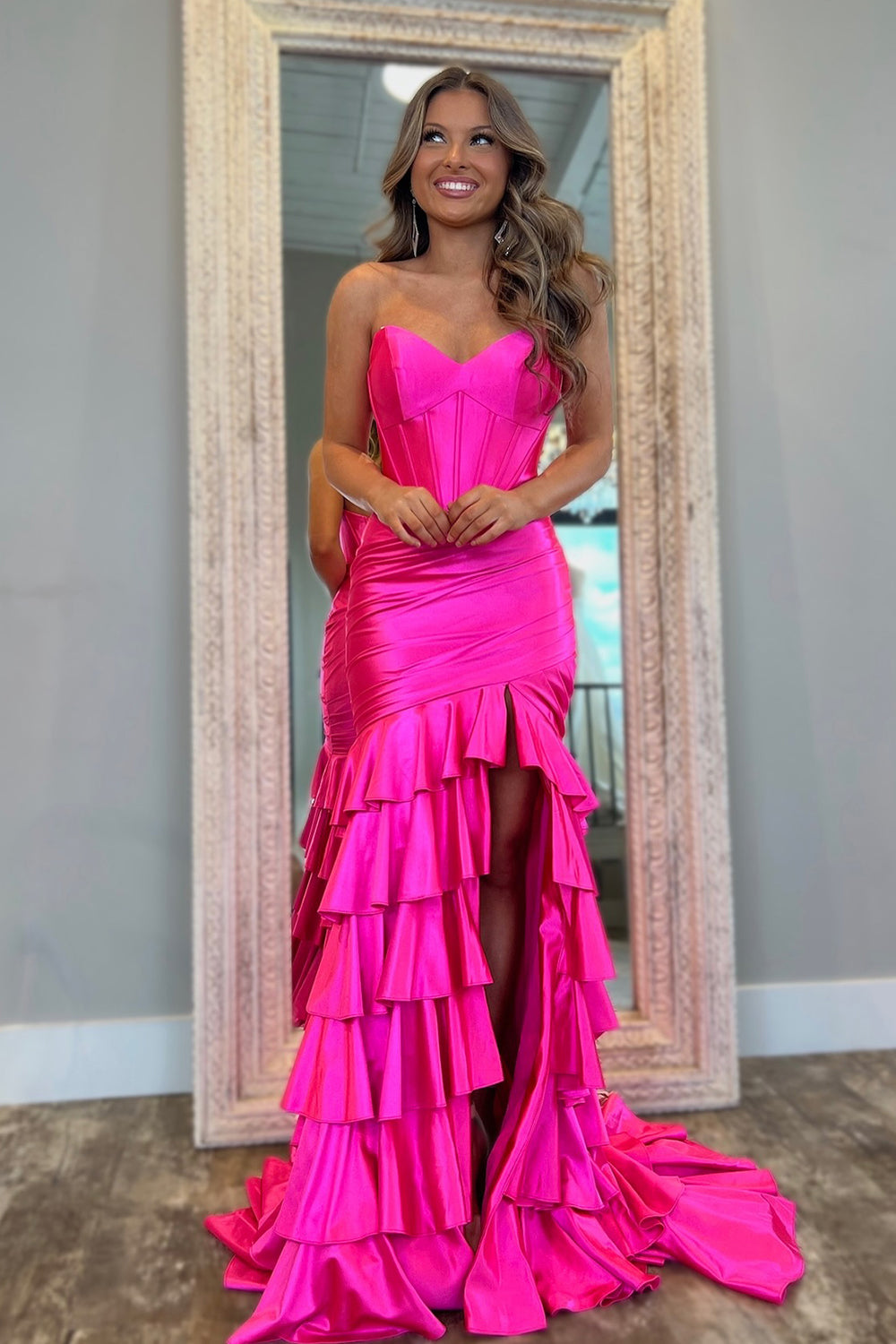 Mermaid Prom Dresses for Women 2026 Strapless Evening Dress Tiered Ruffle Corset Formal Dresses