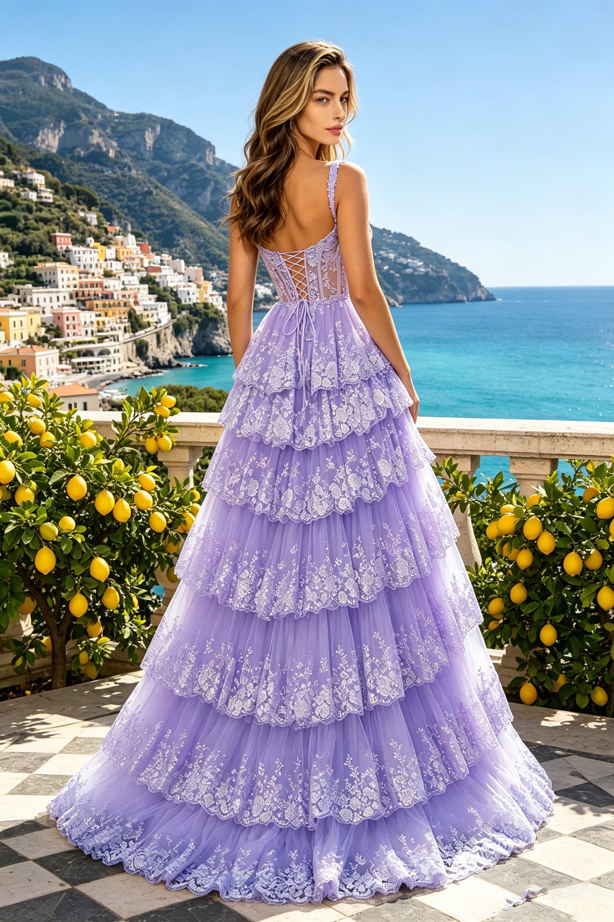 Lavender Spaghetti Strap Lace Corset Tiered Maxi Dress, High Slit Tulle Formal Evening Gown for Wedding Guest 298