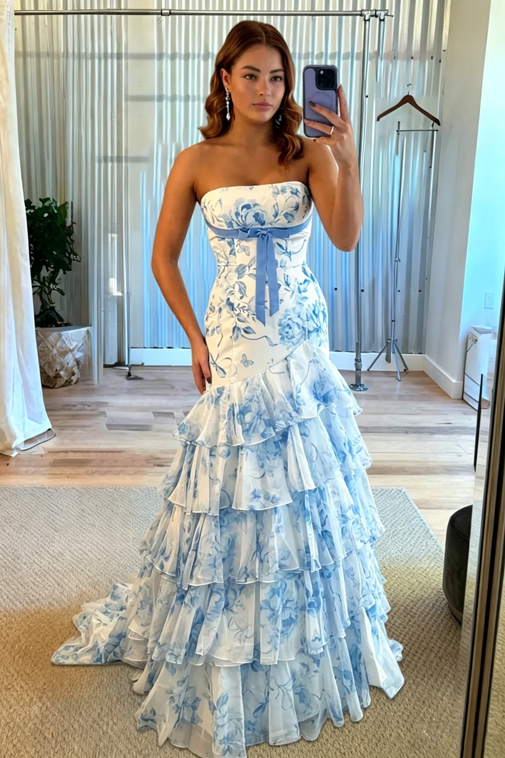Long Prom Dresses for Women Strapless Chiffom Tiered Ruffle Dresses