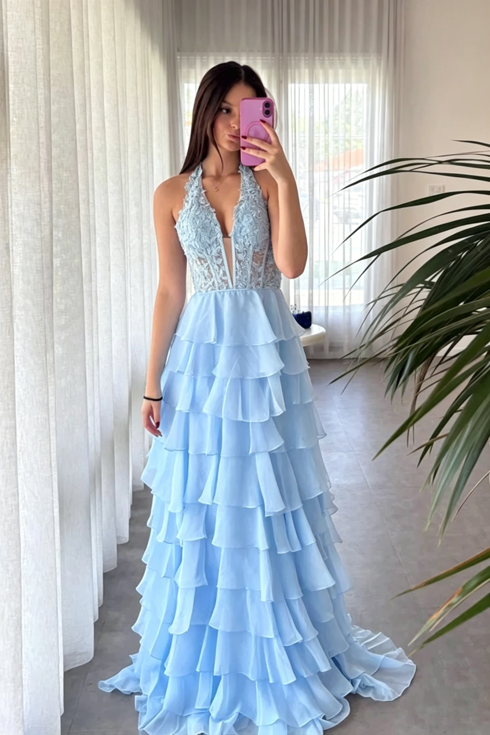 Chiffon Sexy Long Prom Dresses for Women Halter Tiered Ruffle Wedding Guest Dresses