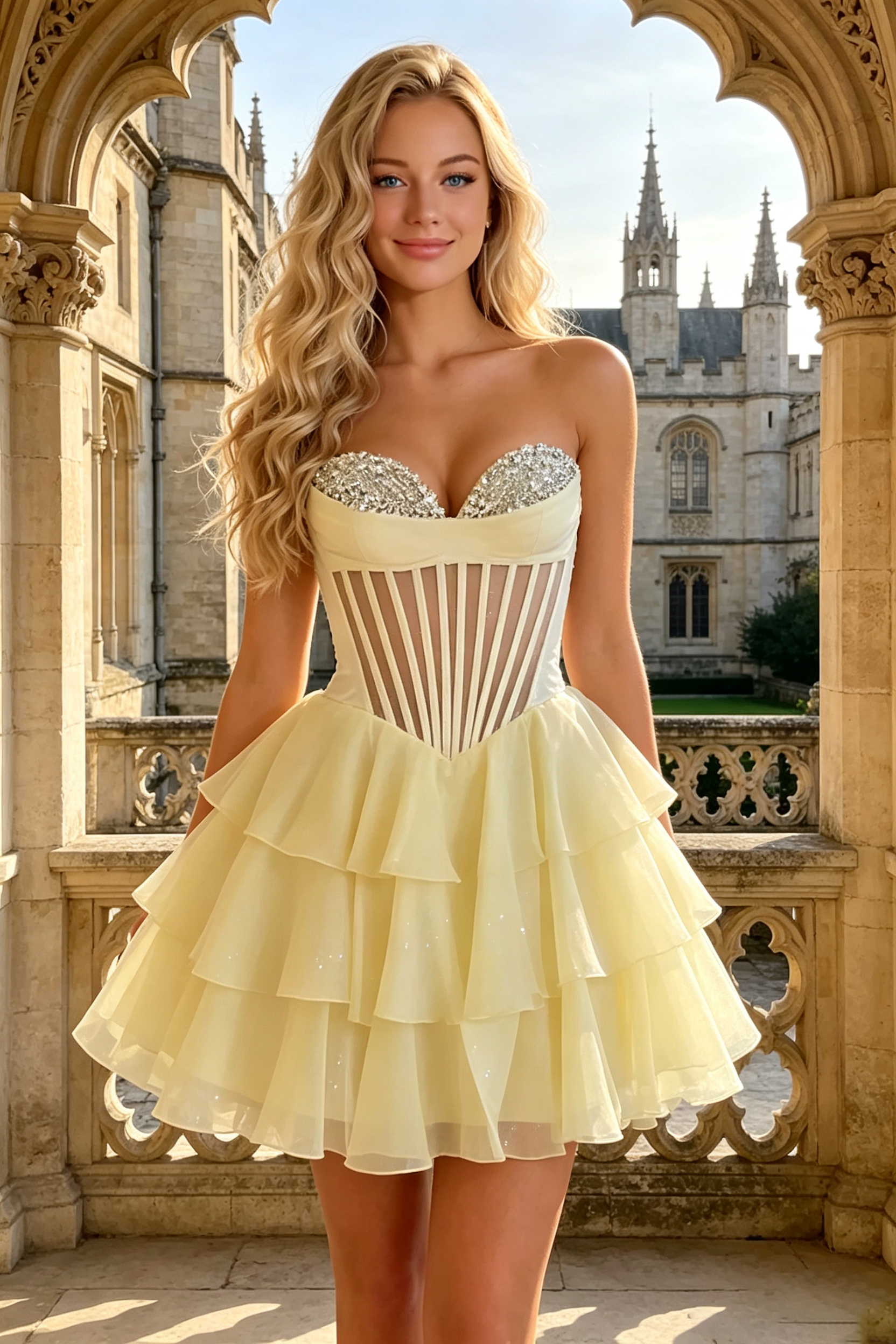 Sweetheart Rhinestone Strapless Short Homecoming Dress Sheer Corset Tiered Ruffle Tulle Cocktail Gown 133