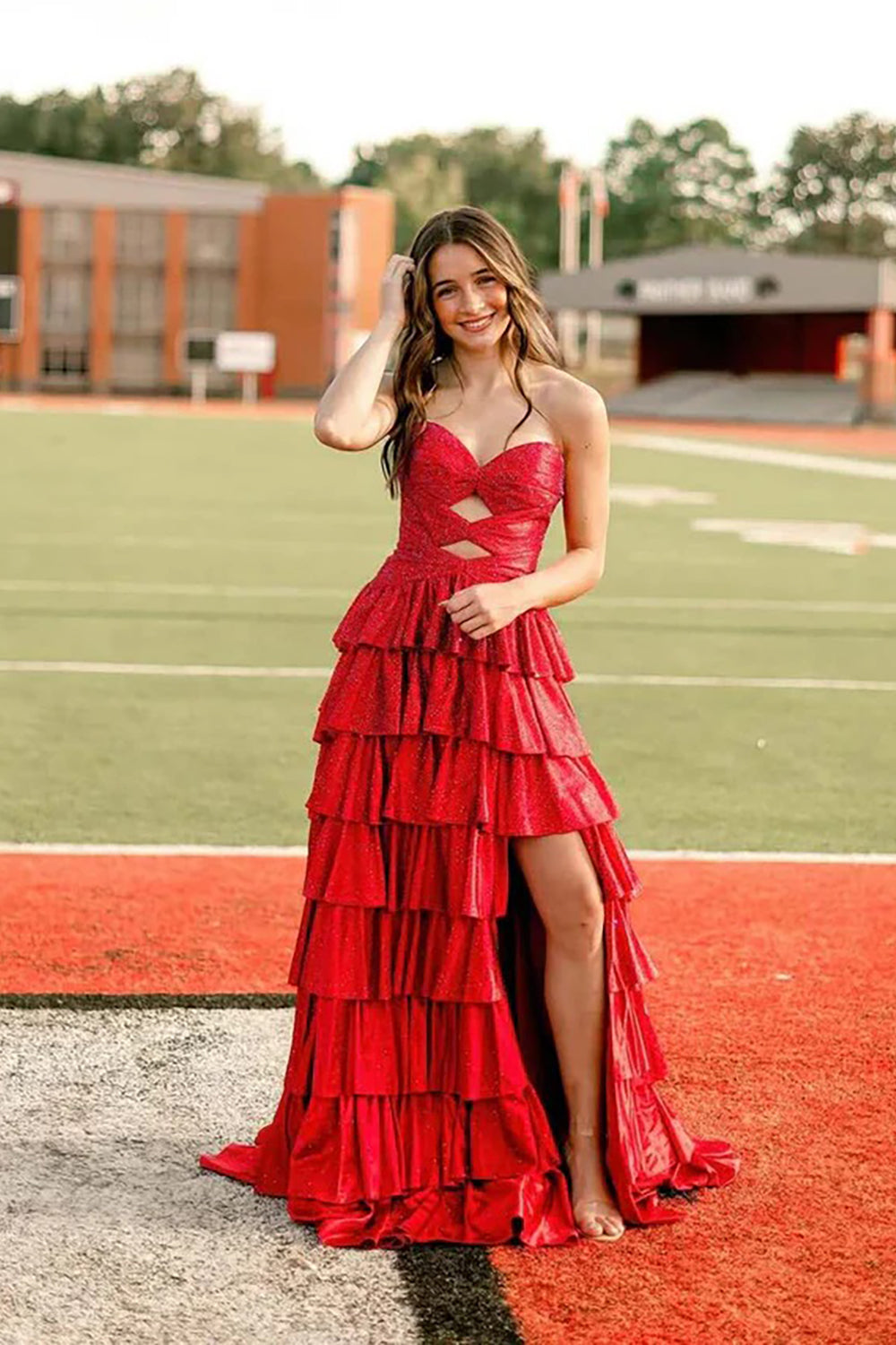 Sparkly Long Prom Dresses for Women Sweetheart Tiered Ruffle Wedding Guest Dresses Lace Up